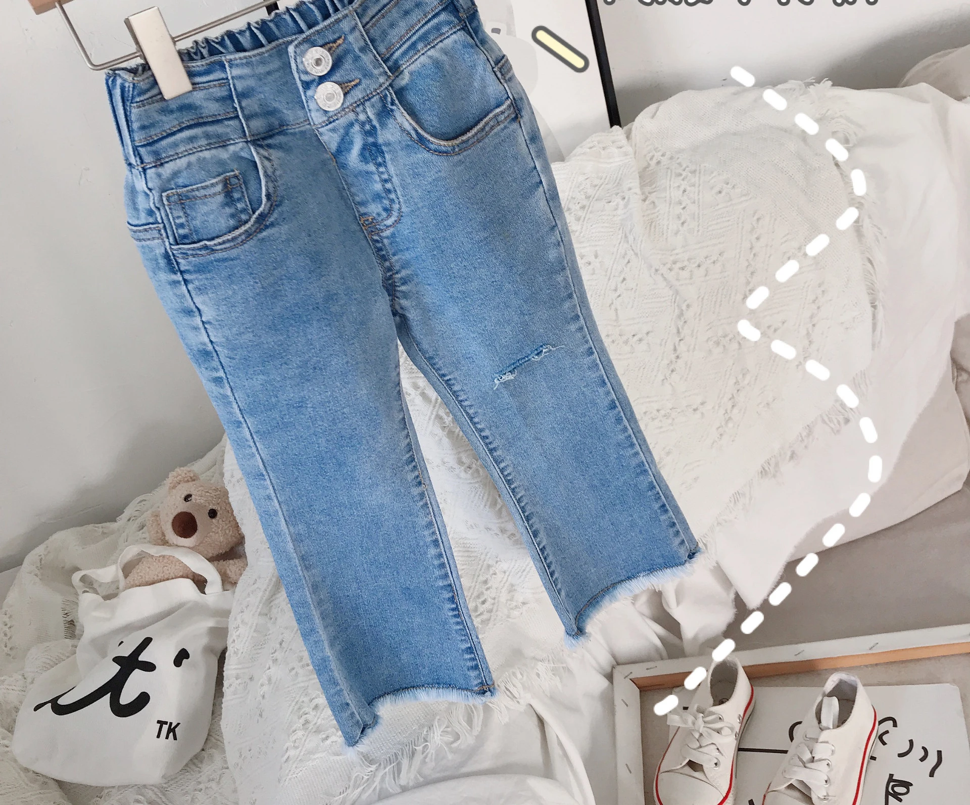 

2024 autumn girls fashion high waist ankle length hole jeans pant kids children casual denim trousers 90-140cm