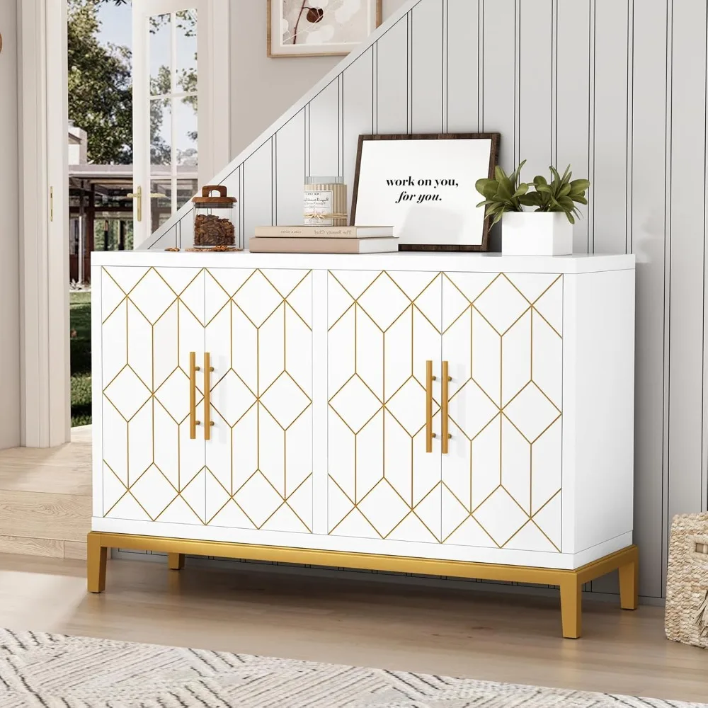 Accent Cabinet with 4 Doors, Carved Decorative Sideboard Buffet Cabinet, Modern Credenza Storage Cabinet, White