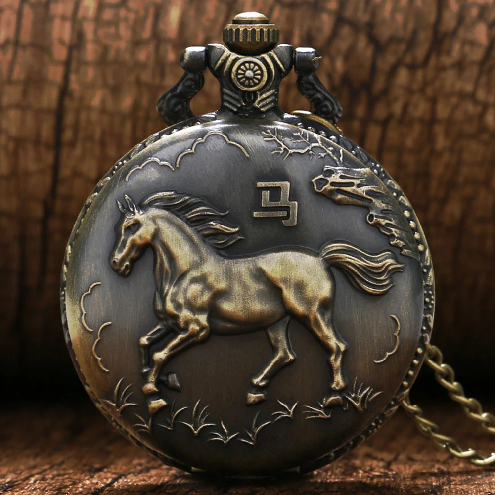 

Chinese Zodiac Horse Vintage Quartz Pocket Watch Men Women Birthday Antique Gift Necklace Pendant Watches Fob Chain