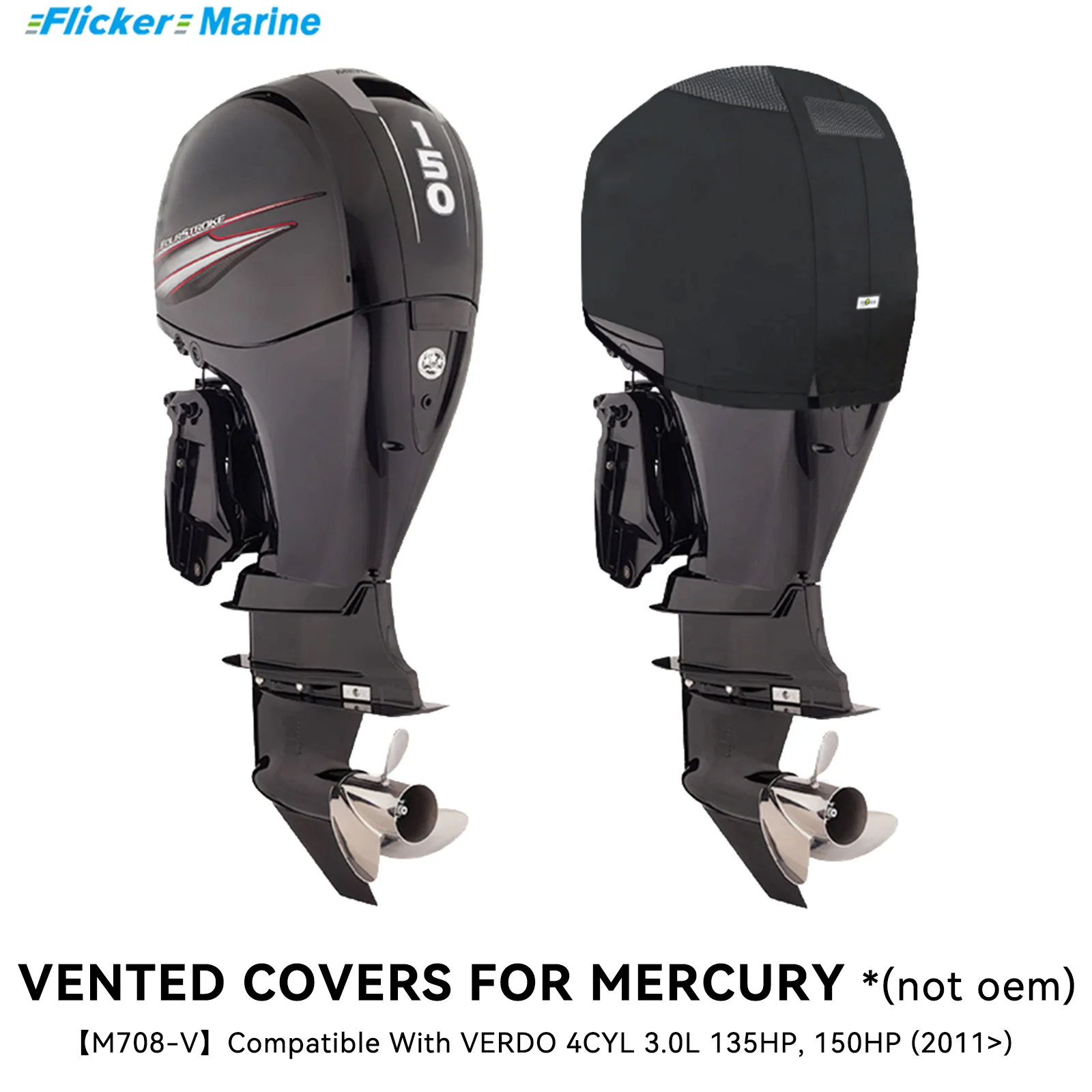 Flicker Vented Outboard Cover Compatible with Mercury 135/150HP, Reinforced Canvas, Fleece Lined, Secure Fit, All-Season