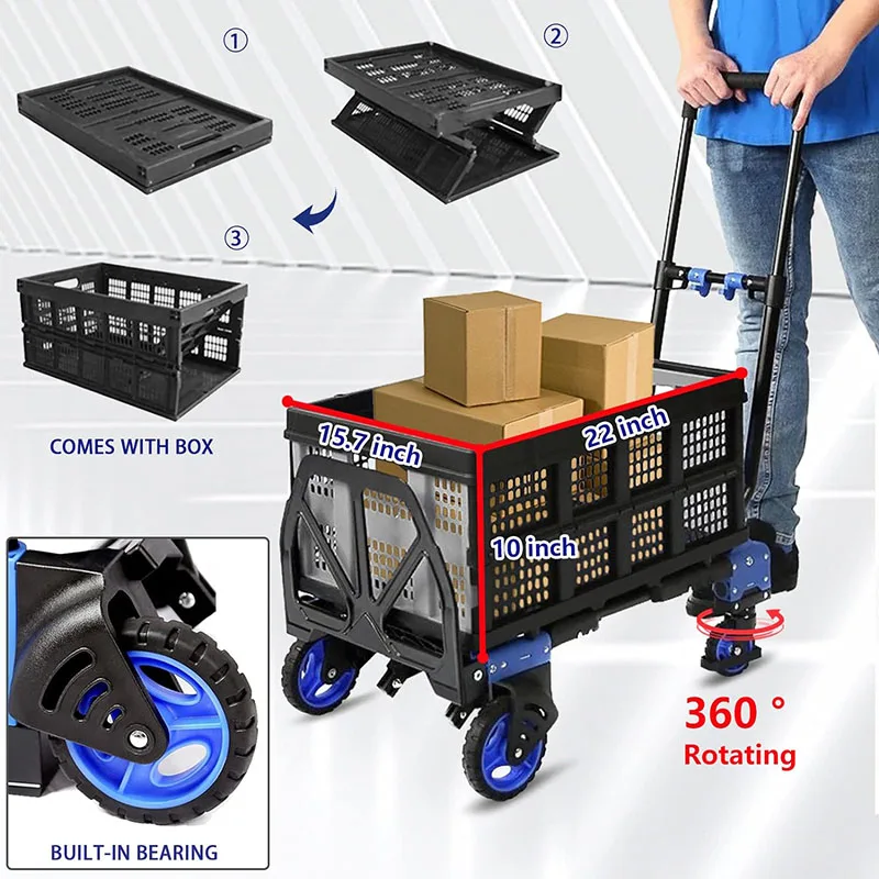 Folding Hand Truck Dolly with Folding Basket, 330LBS Capacity Carts with Wheels 2 in 1 Platform Truck