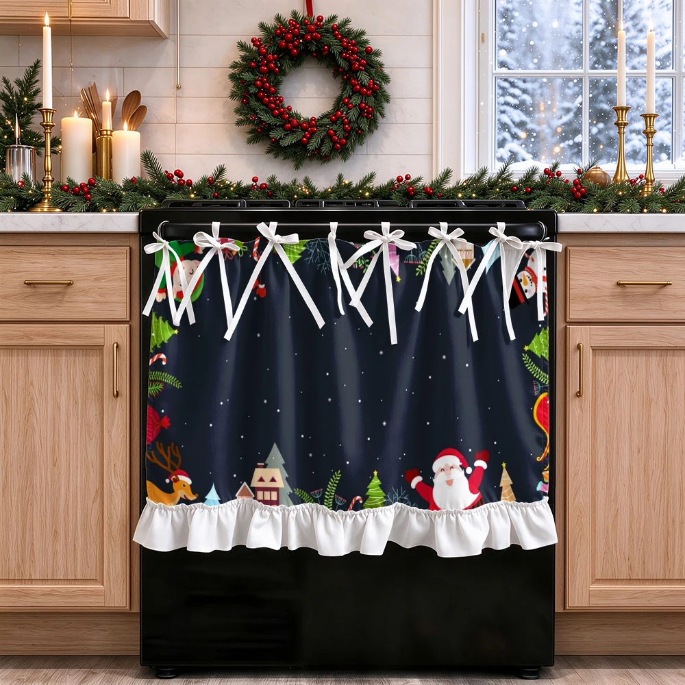 1PC lace up kitchen curtain, ruffled hem, 2D flat Santa Reindeer Tree pattern, cabinet cover curtain, Christmas home decoration