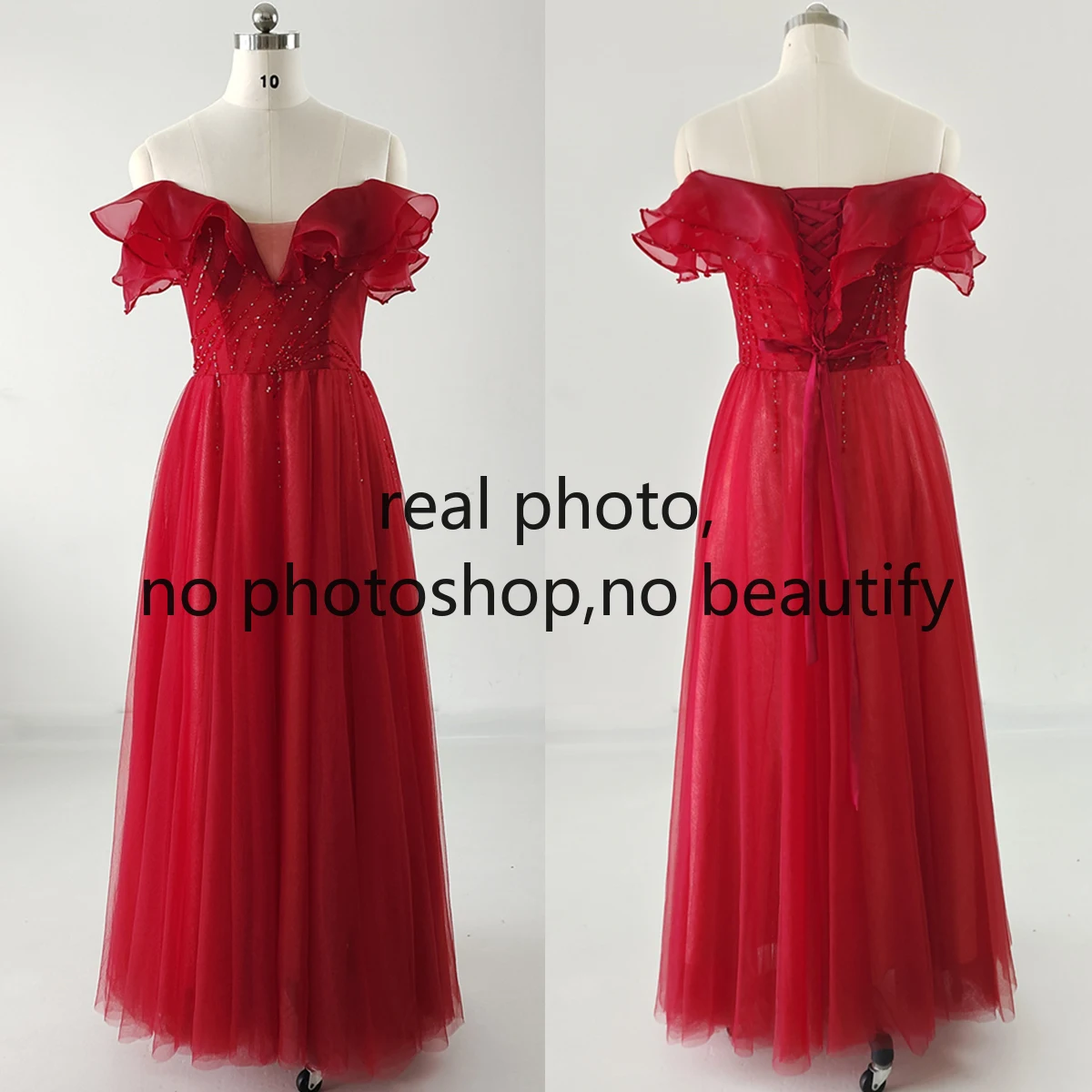 

Real Photo Evening Dress Burgundy Organza Off the Shoulder Ruffles Beading A-line Floor Length Plus Size Women Party Formal Gown