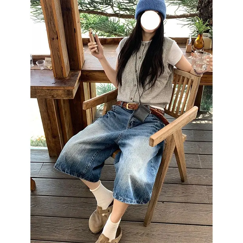 Loose Wide Leg Seven-Foot Loose Women's Jeans Shorts Retro American Lightning Design Summer New Style plus Size High Waist Co...
