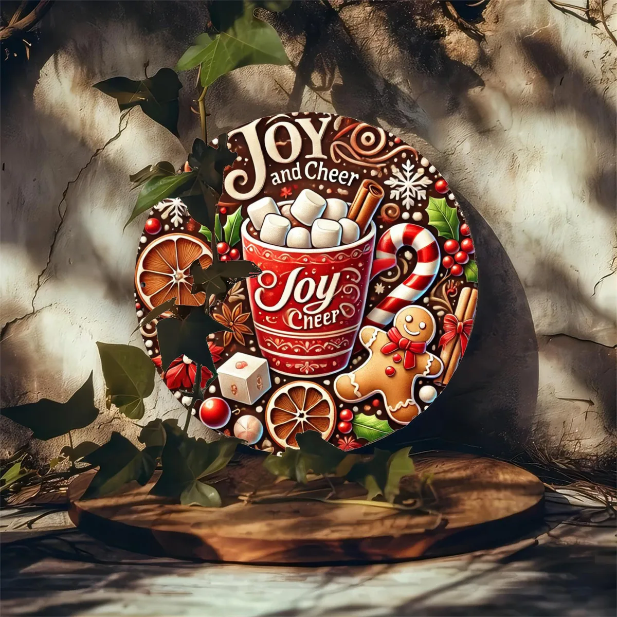 1pc, 20.32x20.32 cm Round Gingerbread & Festive Wreath Decorative Plate, Iron Foil Carved Christmas Welcome Sign, for Room Wall,