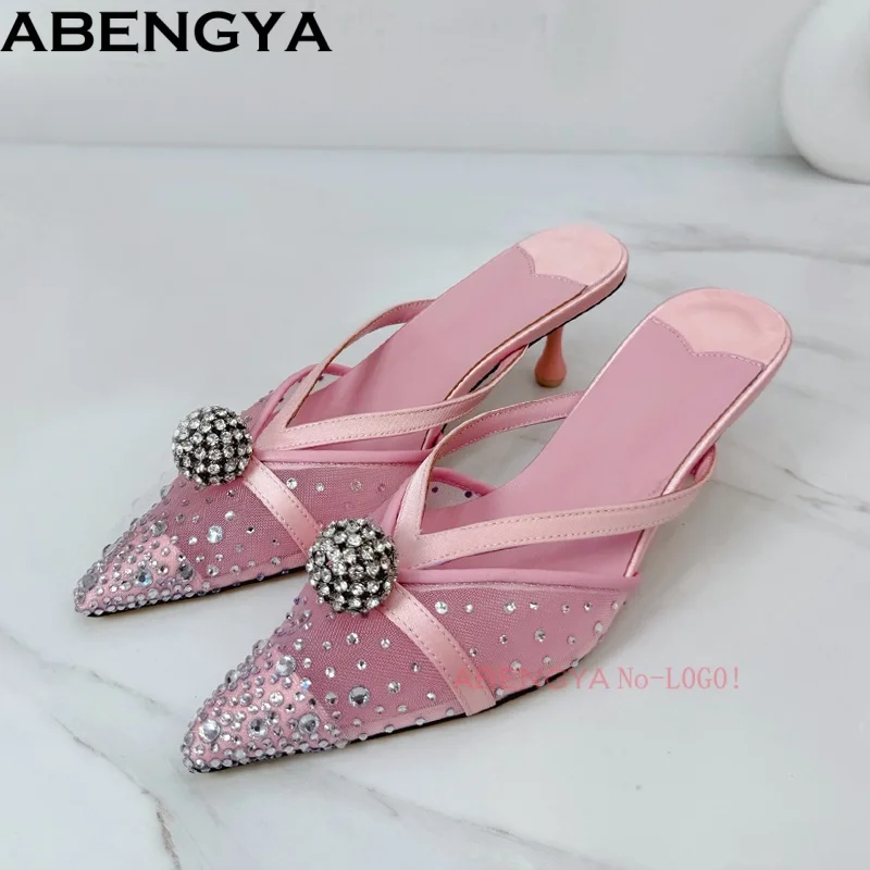

Summer Crystal Ball Slides High Heels Slippers Women Mules Sexy Air Mesh Point Toe Party Shoes For Women Stiletto Sandals Women