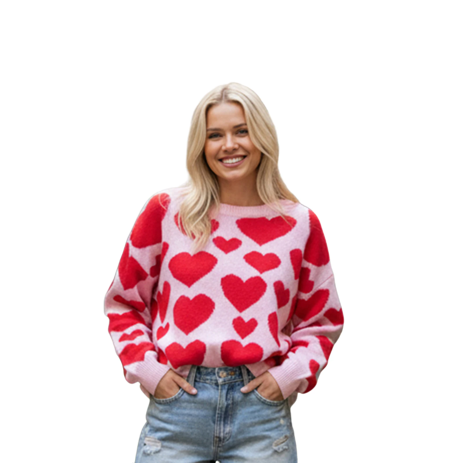 سترة نسائية مريحة كبيرة الحجم مع تصميم قلب لطيف، بلوفر محبوك أنيق بأكمام طويلة باللون الأحمر كاجوال برقبة دائرية للخريف