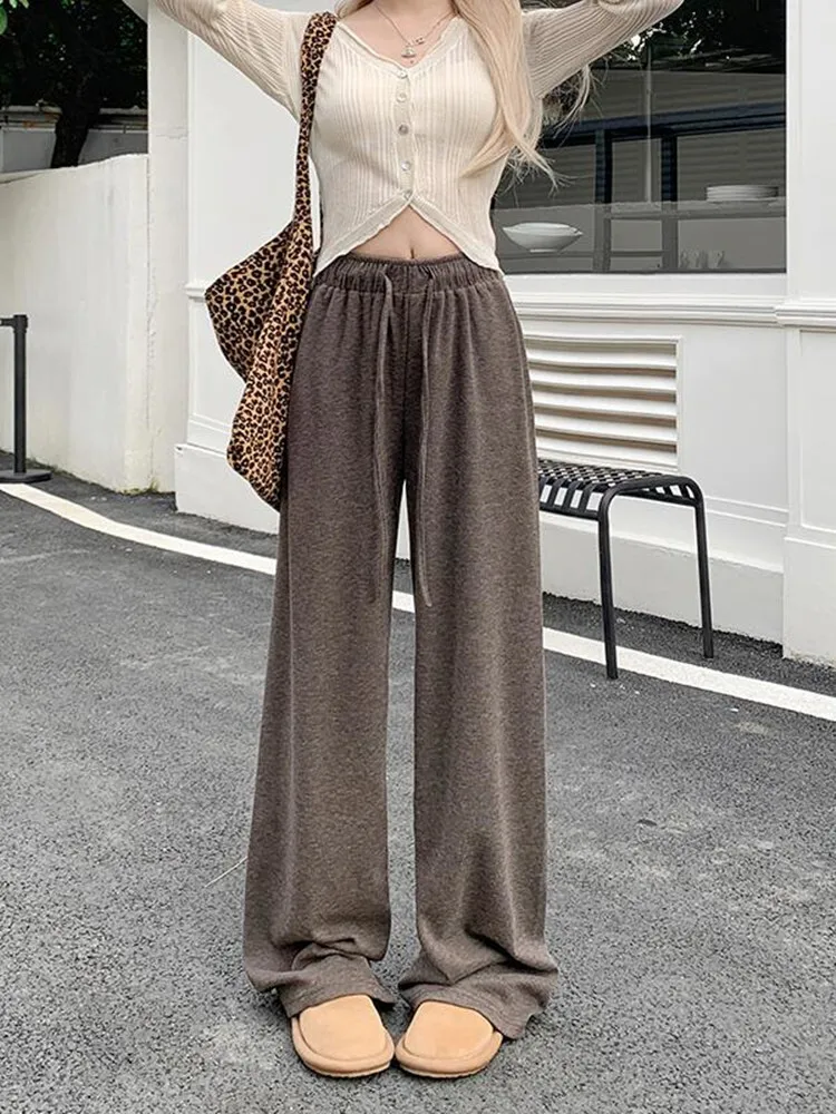 Drawstring Elastic High Waisted Floor Length Casual Pants For Women In Spring 2025 New Versatile Sweatpants Solid Grey Black