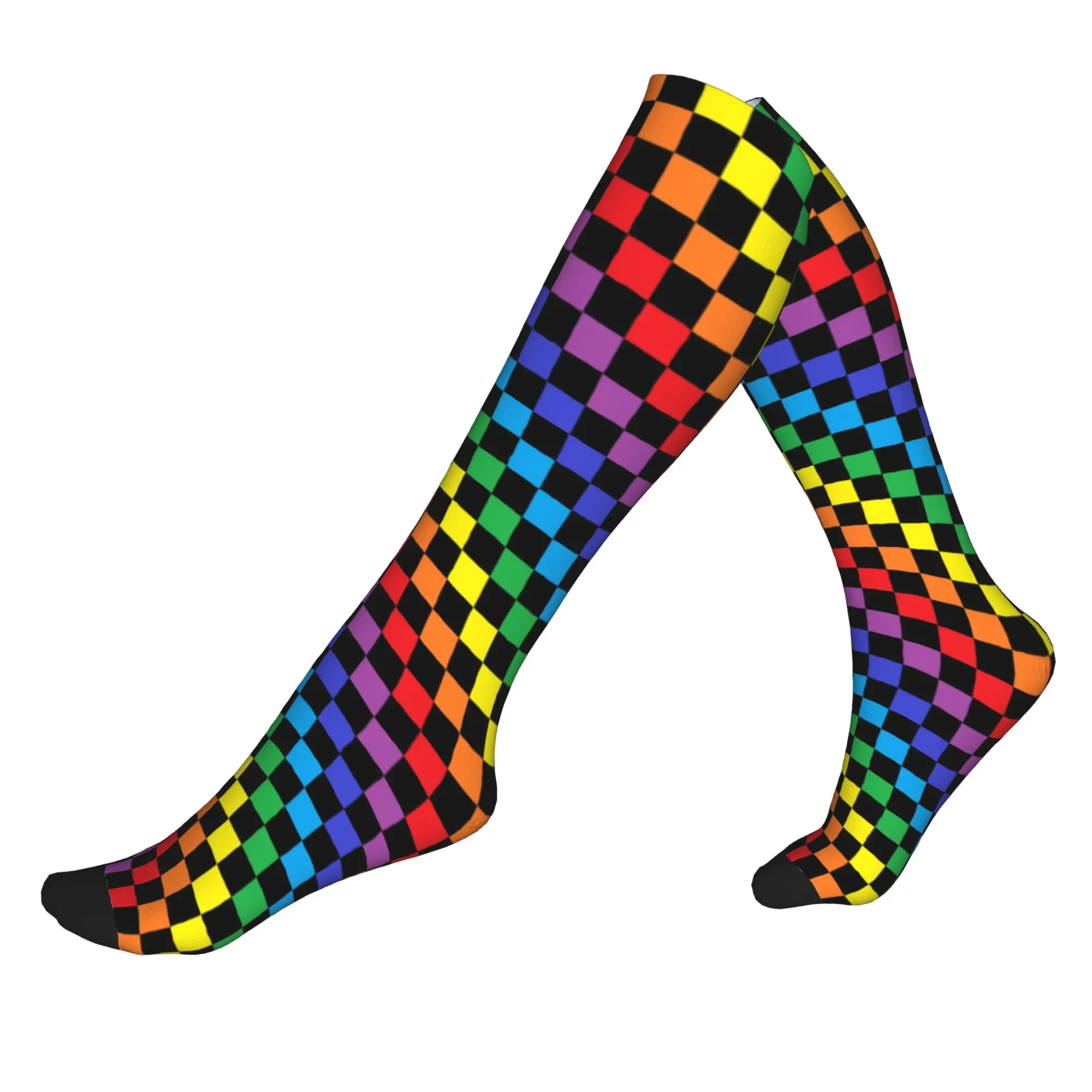 

Kawaii Printing Rainbow Checkers Checkerboard Socks for Men Women Stretchy Summer Autumn Winter Sports Compression Socks
