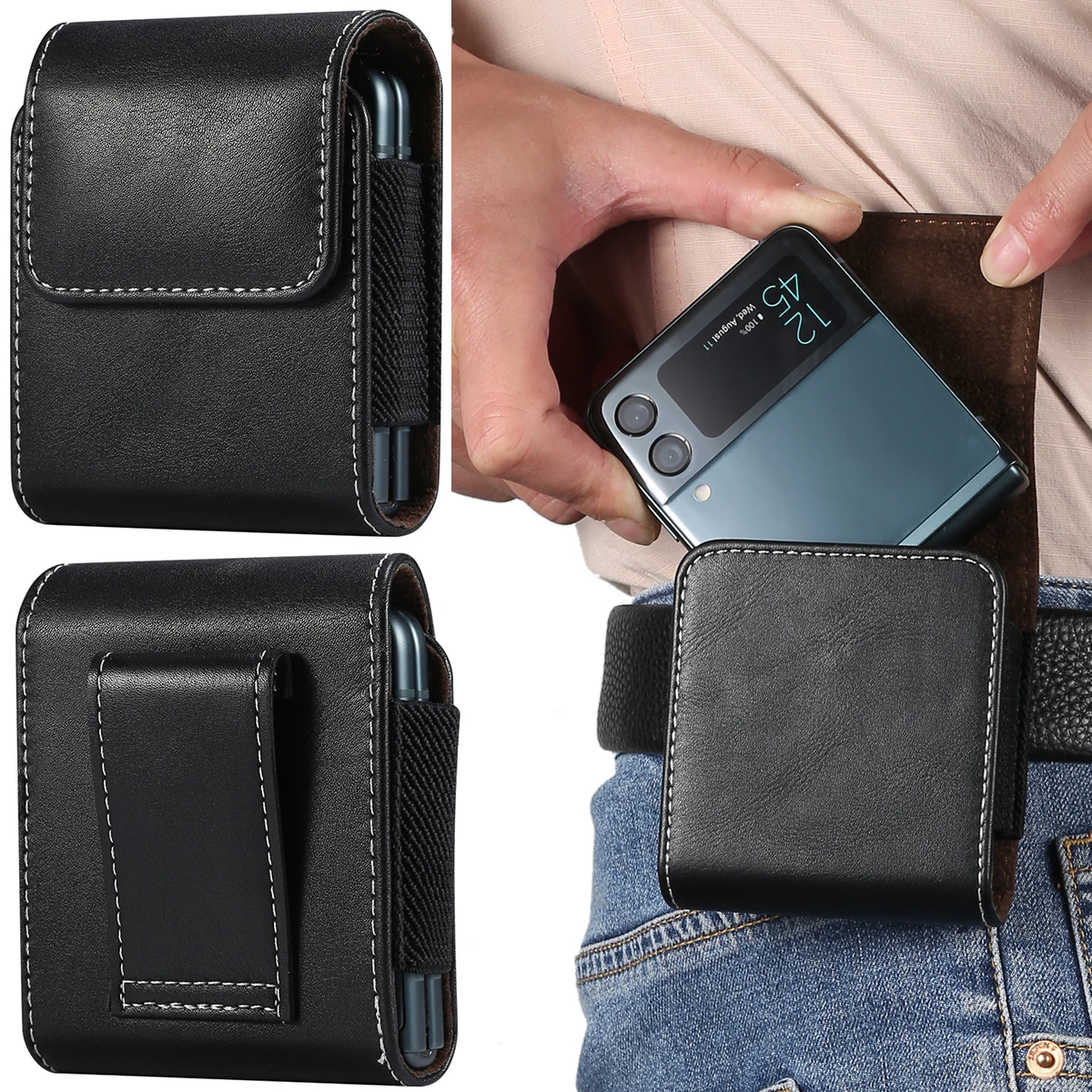 For Samsung Galaxy Z Flip3 5G Belt Loop Holster Case PU Leather Cover for F7070/F7000/F7110 Waist Bag for Motorola Razr 5G Phone