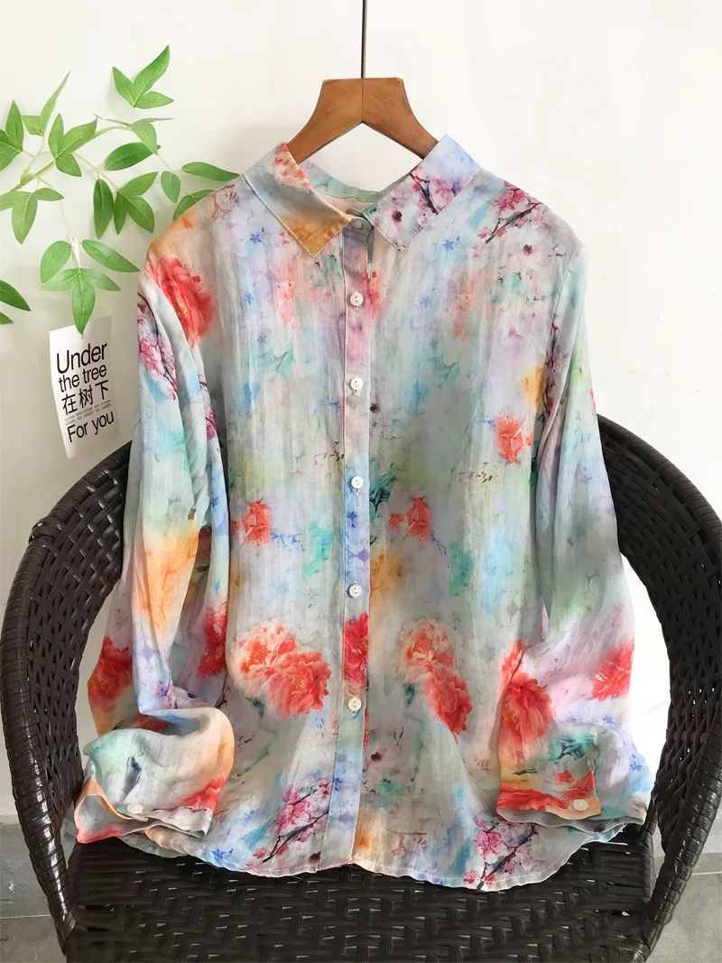 

2025 Autumn Woman Clothes Large Sizes Pure Ramie Tie-dye Shirts Long Sleeve Blouses for Women Fall Breathable Shirt