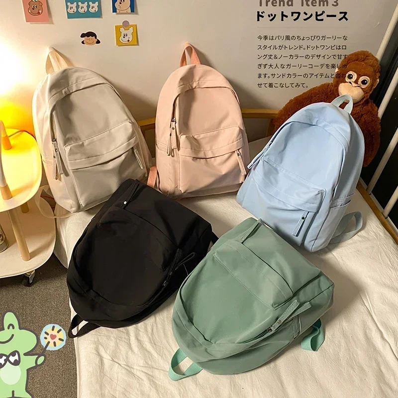 Simple Solid Color Backpack Women 2023 Waterproof Nylon School Bags for Teenager Girls Bookbag Lady Travel Backbag Shoulder Bag