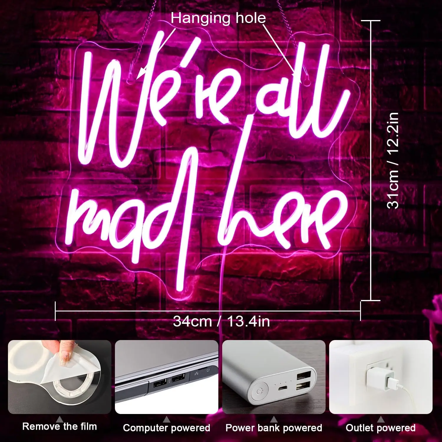We're All Mad Here Neon Sign Dimmable LED For Wall Decor Connectivity Via USB Neon Light For Bedroom Home Dorm Wall Wedding Part