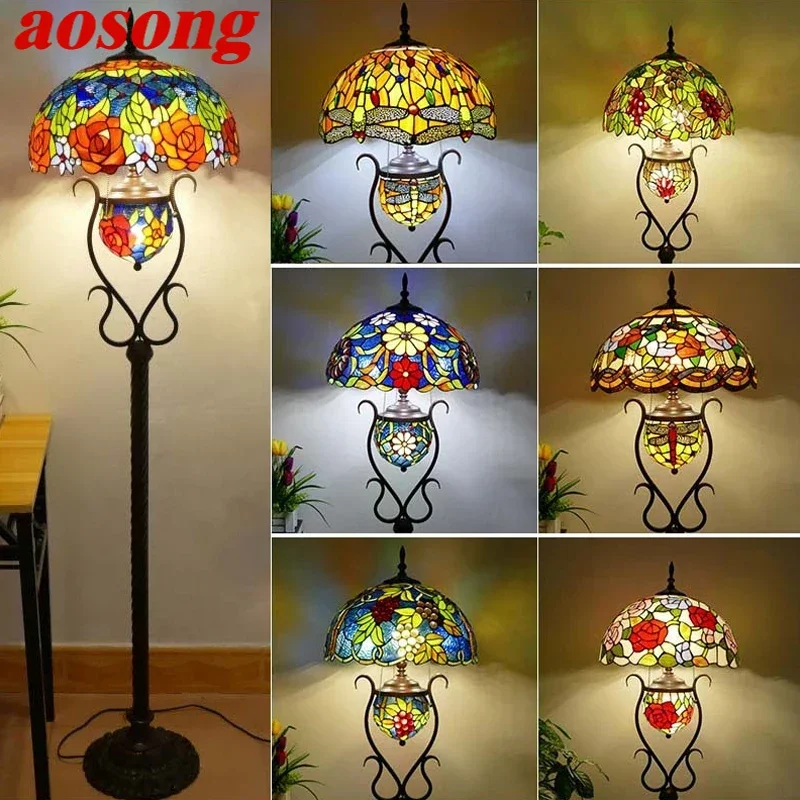 AOSONG Tiffany Floor Lamp American Retro Living Room Bedroom Lamp Country  Stained Glass Floor Lamp