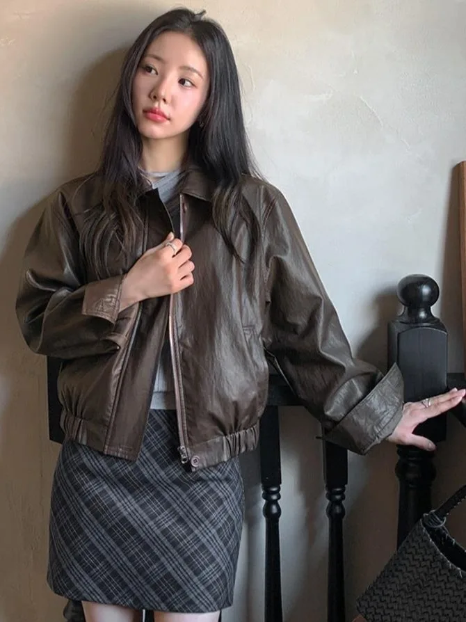 시크한 오토바이 가죽 재킷 여성용 2025 신상 슬림핏 소형 사이즈 패셔너블한 가을 아우터웨어 브랜드 없음...