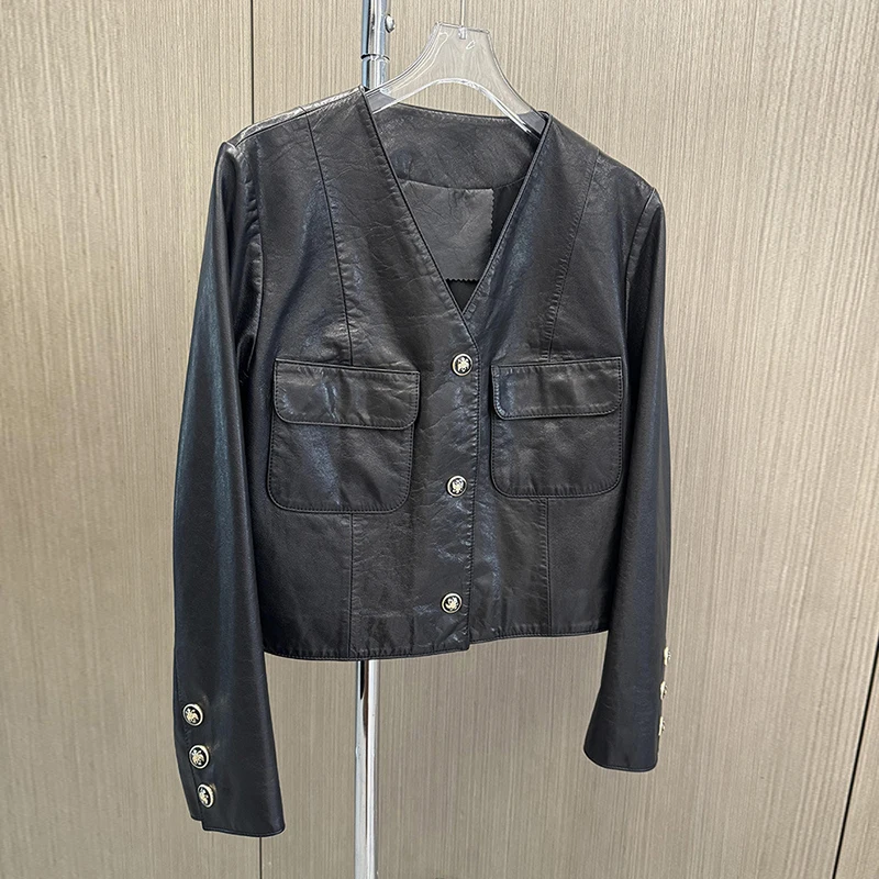 Giacca di lusso in vera pelle cerata di pelle di pecora di livello A per le donne Giacche casual in vera pelle da donna monopetto con scollo a V chic