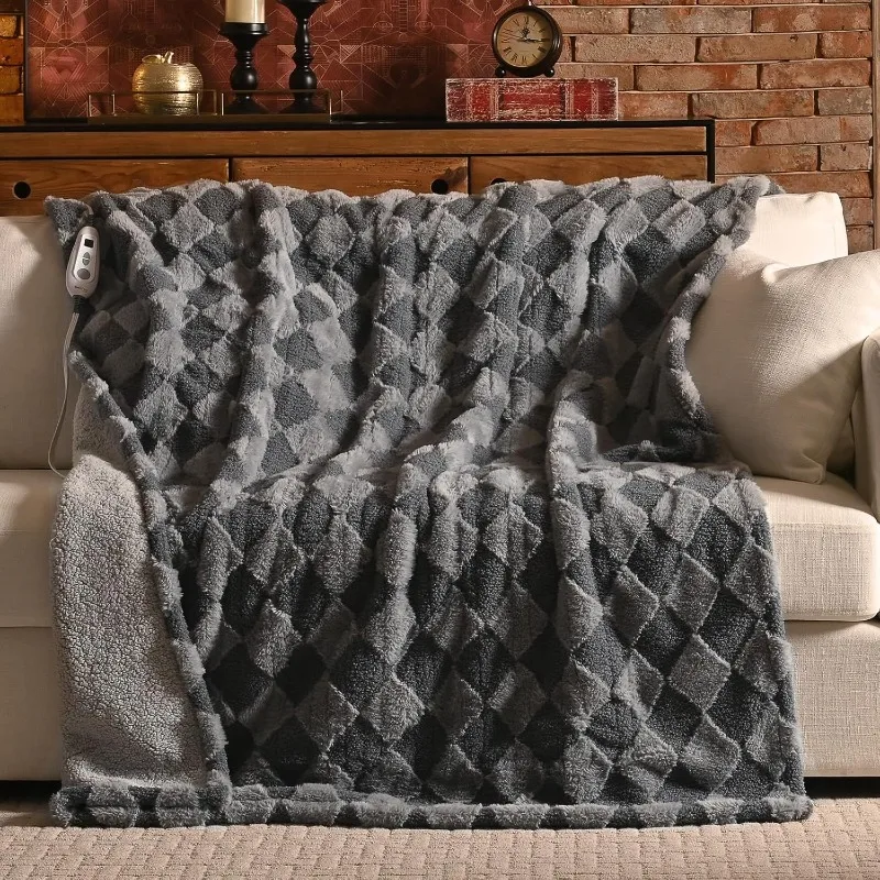 Heated Blanket Electric Throw, Gray Teddy Faux Fur & Warm Sherpa, 4h Auto-Off Timer & 6 Heating Level