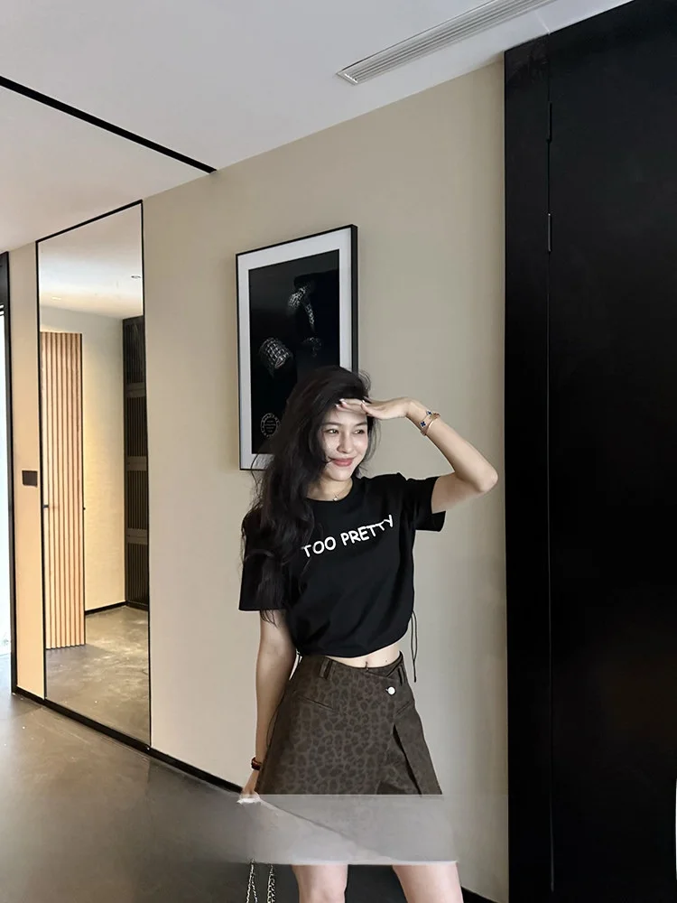 

Bla ort Sve T-irt Casual Sle Street Faion plus Size Irregular Hem Conceal Meat Leopard Print Skirt Pants Set