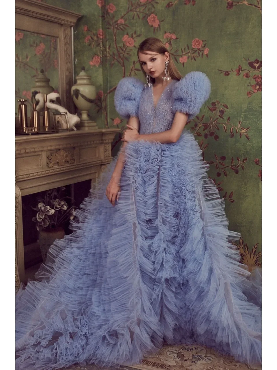 Baby Blue Maxi Gowns Sequins Layered Tulle Dresses Long Train Lush Princess Style Photoshoot Ruffled Dress Puffy Sleeves