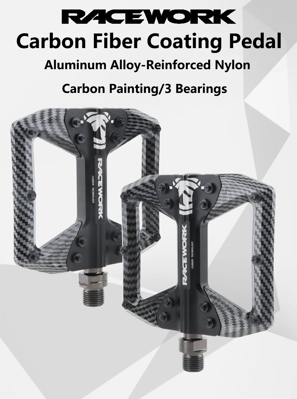 RACEWORK Bicycle Pedals 3 Bearings Mountain Road Bike Carbon Fiber Coating Ultralight Flat Pedal MTB Aluminum Alloy Nylon Pedal