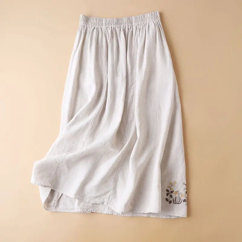 Skirts Women Summer Folk Style Embroidery Designed Floral Soft A-line Leisure Simple Elastic Waist Vintage Loose Linen Females