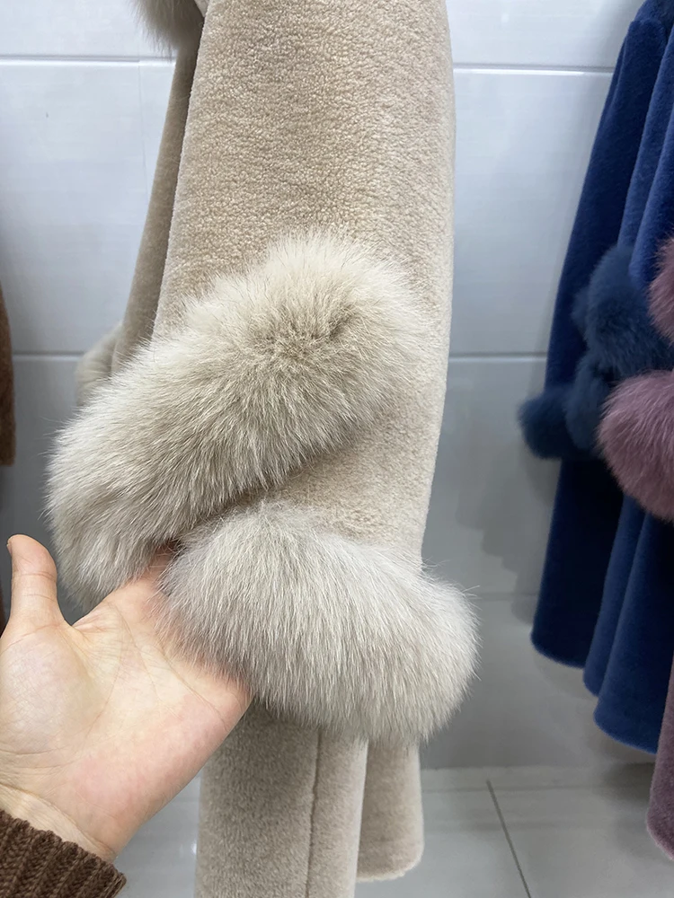 Women Winter Classic 100% Woolen Real Sheep Fur Long Jacket Coat With Natural Fox Fur Collar Cuff Long Woolen Warm Coat