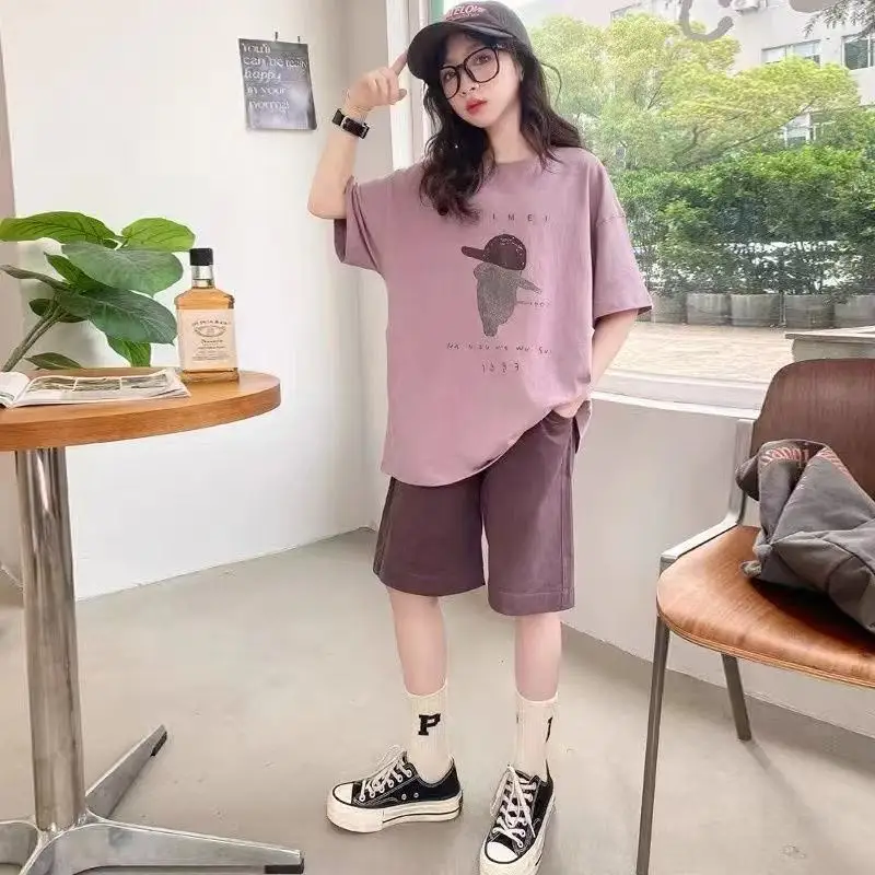 

Summer Girls T-Shirts Sets 2026New Kids Short Sleeve Tops+Shorts 2Pcs Children Clothes Outfits Teen Loose Casual Suits Sportsuit