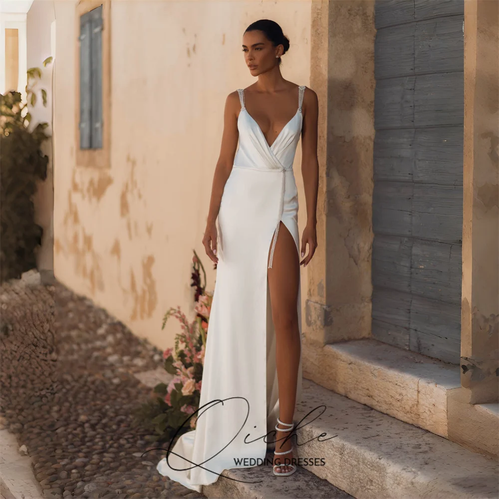 QICHE Sexy Mermaid Wedding Dress Deep V-Neck Spaghetti Straps Slit Pleat Beading Bridal Party Gowns Customized Vestidos De Novia