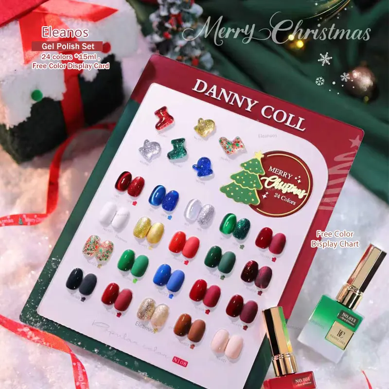 Dannycoll 24pcs Christmas New Year Cat Eye Glitter Gel Nail Polish Set With Display Magnetic Gel Soak Off Manicure Kit for Gift