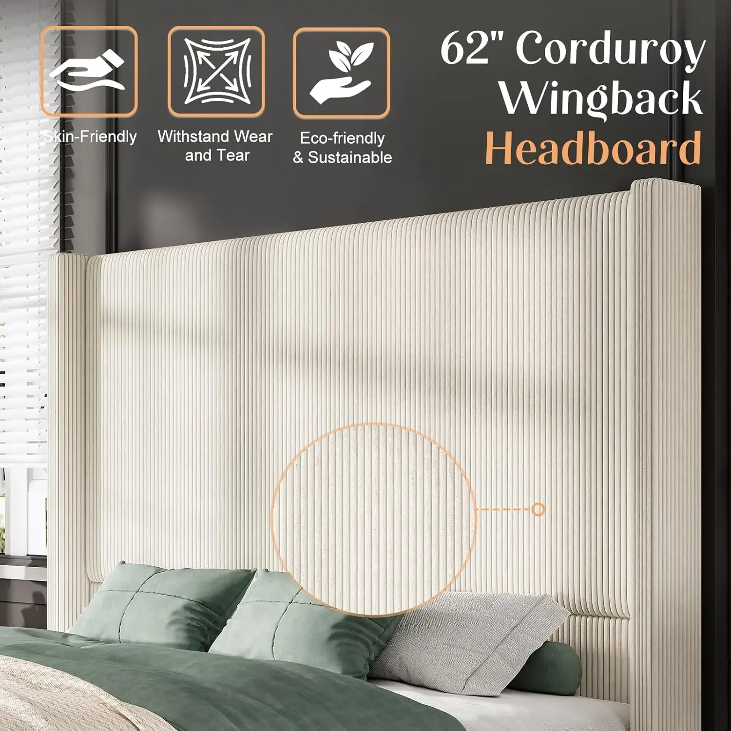 Queen Size 62" Corduroy Upholstered Bed Frame, Luxurious Platform Bed with Extra Tall Wingback Headboard and Vertical Stripe image 4