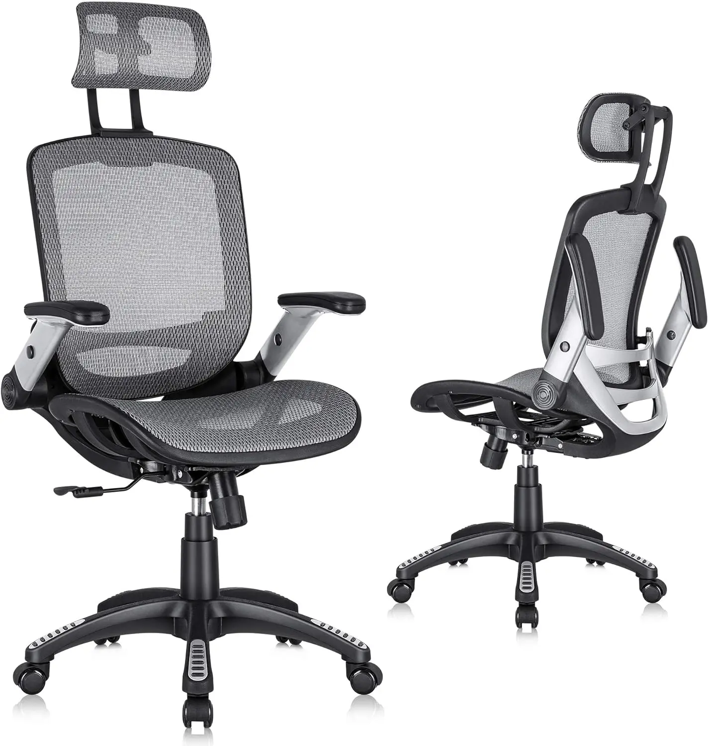 Silla ergonómica de oficina de malla, asiento de escritorio de espalda alta, reposacabezas ajustable con brazos abatibles, función de inclinación, soporte Lumbar