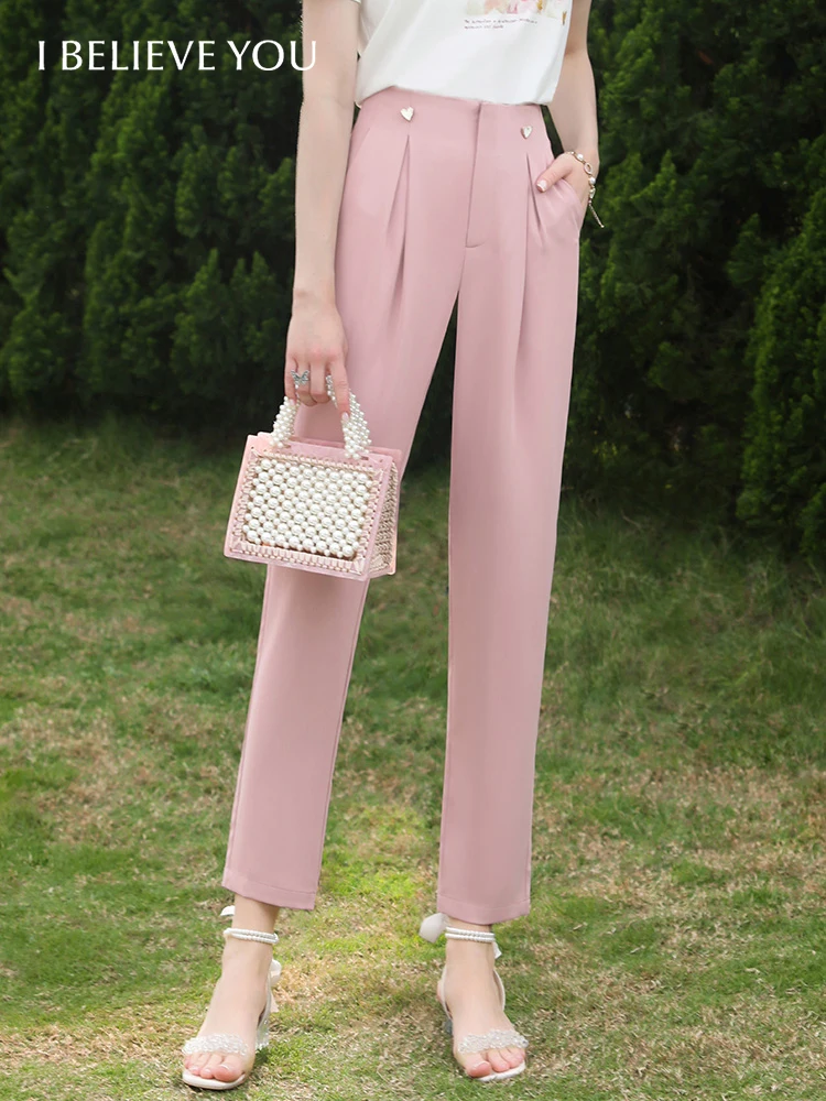 I BELIEVE YOU Women's Pants 2023 Summer Office Lady Pocket Elastic High Waist Slim Trousers Pink Straight Suit Pants 2231045009