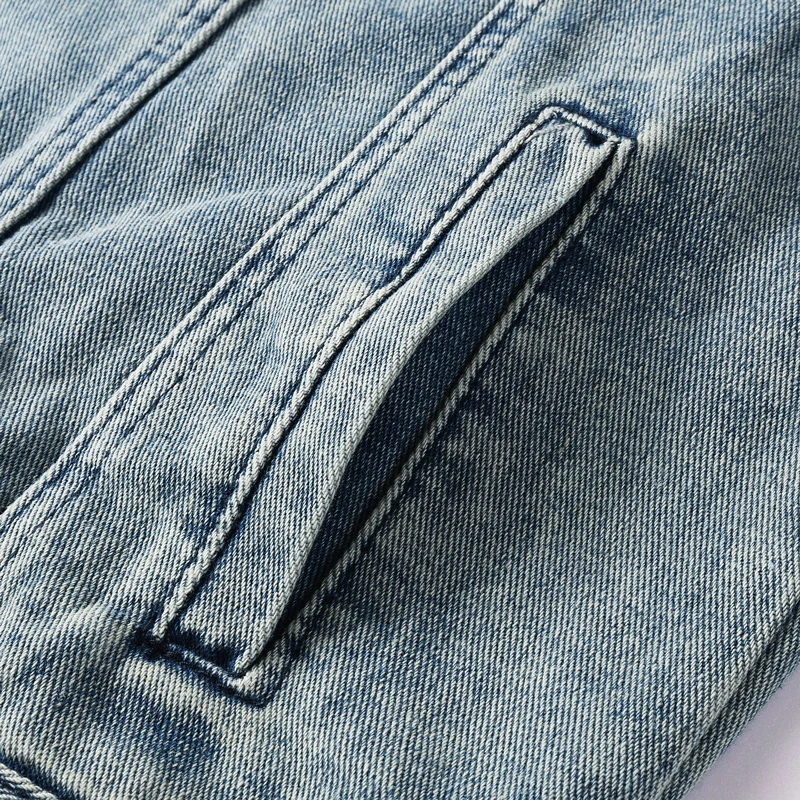 Fashionable new light blue denim washed and decorated with sticker zipper, high street hip-hop brand designer top Y2K