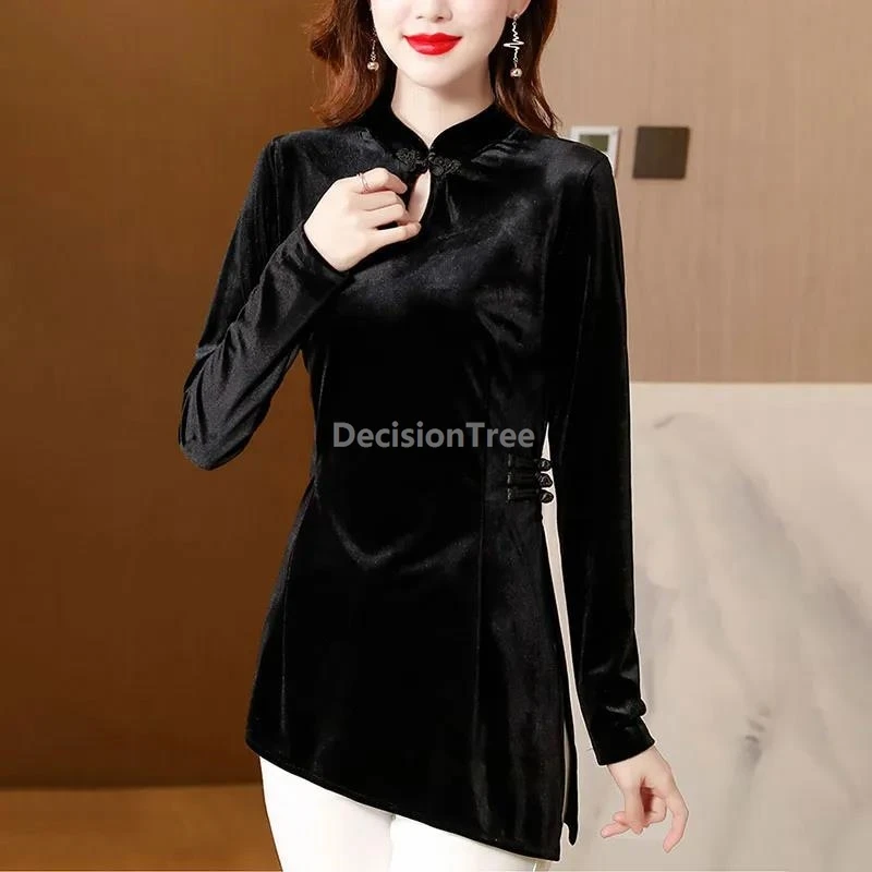

2025 улучшенный повседневный топ Ципао, осенняя бархатная модная блузка средней длины нестандартной формы, китайская женская элегантная универсальная рубашка