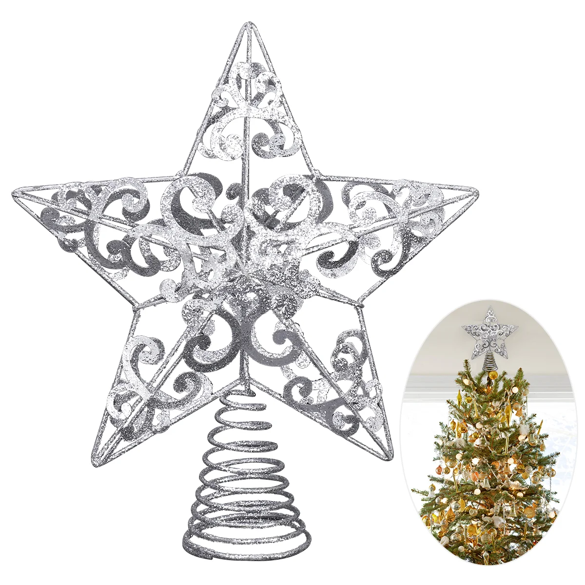 

UNOMOR 10PCS Iron Craft Star Treetop Shimmery Xmas Tree Topper Silver Glitter Christmas Tree Decor Party nament