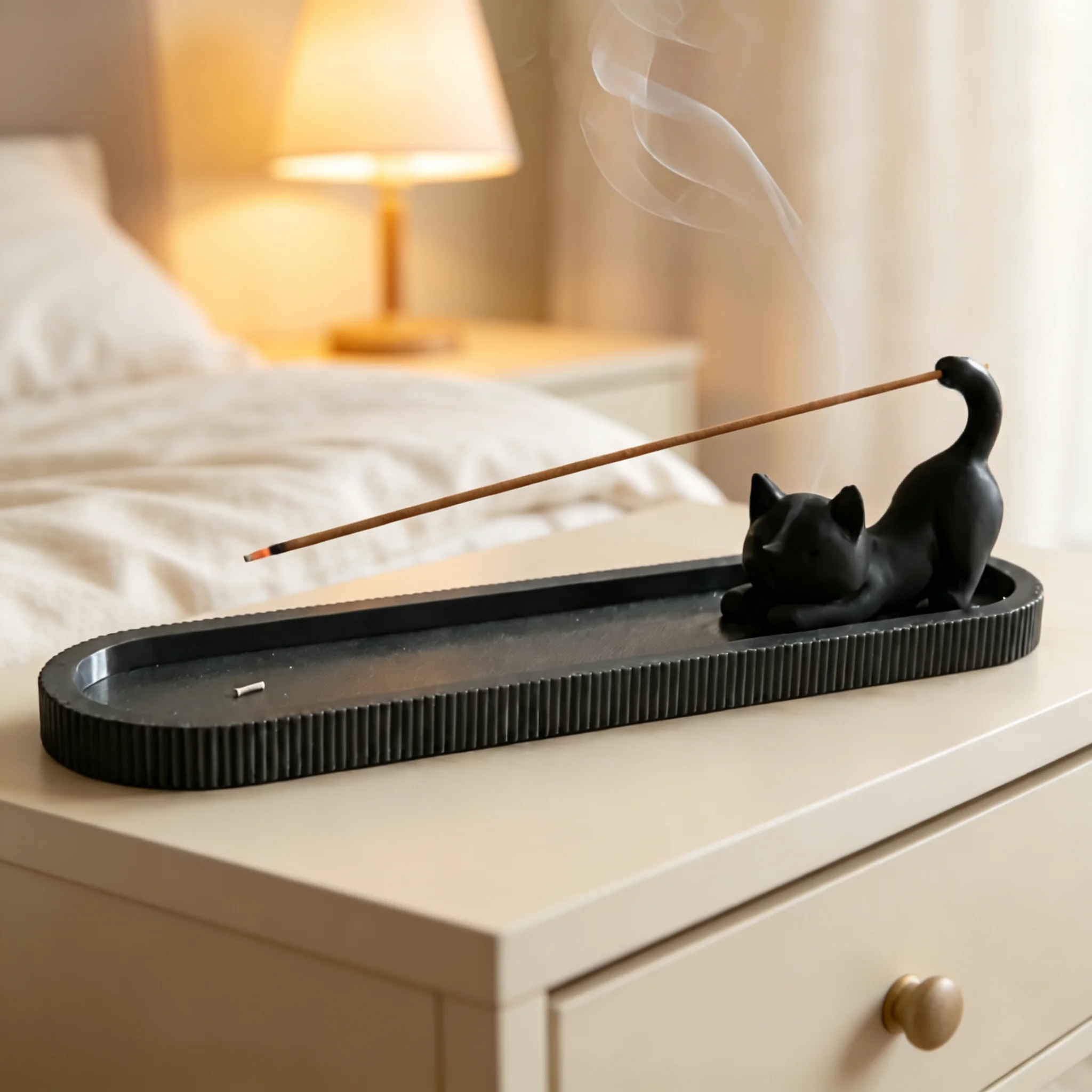 Zen Style Black Cat Incense Stick Holder 3D Printed Plastic Incense Burner with Ash Catcher Funny Mobile Cat