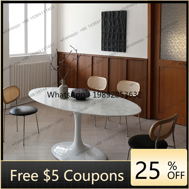 

W2 Oval dining table natural marble medieval French vintage style light luxury dining table