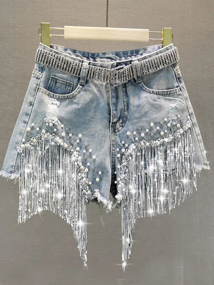 Waist Beads Tassel Women\'s Denim Shorts Summer Beading Wide Leg Thin Oversized Jeans S-5xl Size Korean Streetwear Women Clothes