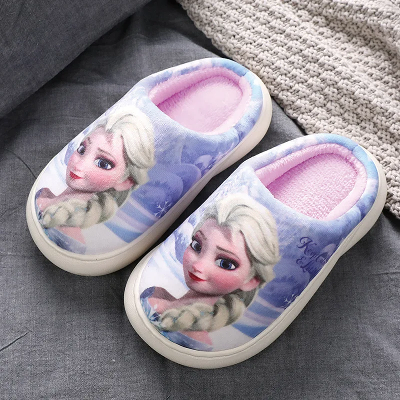 Disney Winter Cute Cartoon Non-slip Children\'s Plush Slippers Soft Sole Flip Flops Kids Girls Indoor Mule Warm Home Cotton Shoes