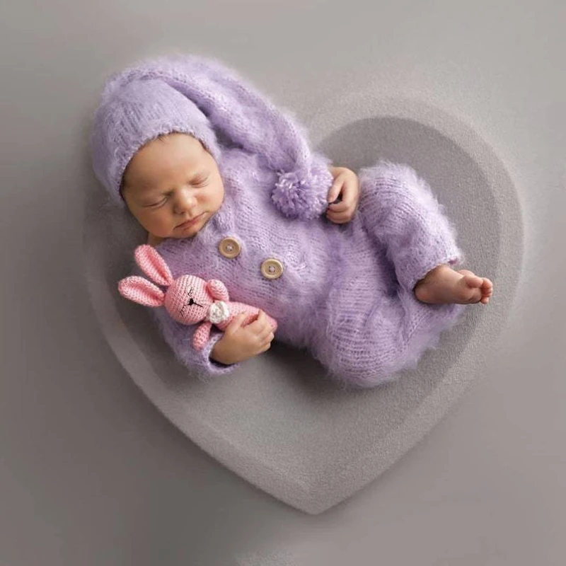 Newborn Photography Outfit Knitted Cap Mohair Baby Romper Jumpsuit and Hat Photo Shoot Props
