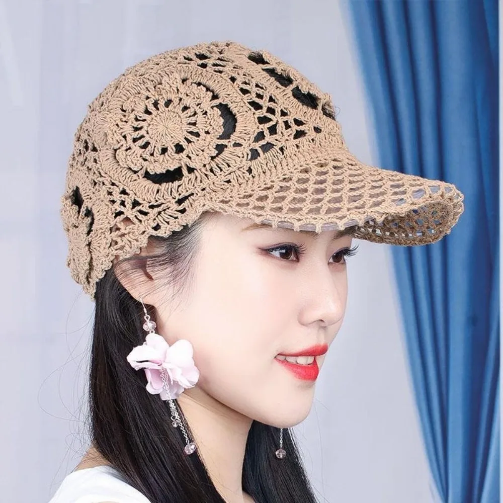 Casual Adjustable Crochet Baseball Cap Polyester Openwork Sun Hat Lightweight Breathable Mesh Peaked Cap Spring Summer