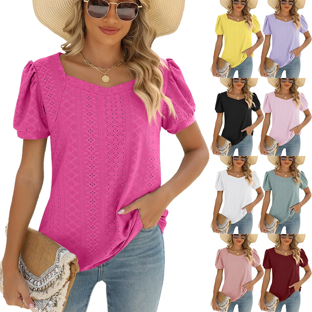 

Women's Short Sleeve T-shirt Top, Square Collar, Solid Color, Bubble Sleeve