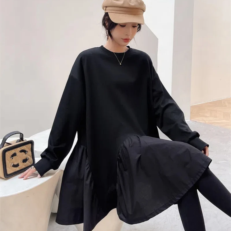 Autumn Winter Thick Hoodies Dresses Woman for 2024 New Patchwork Black Dress Lady Vestidos Long Sleeve Female Robe Cothes KE500