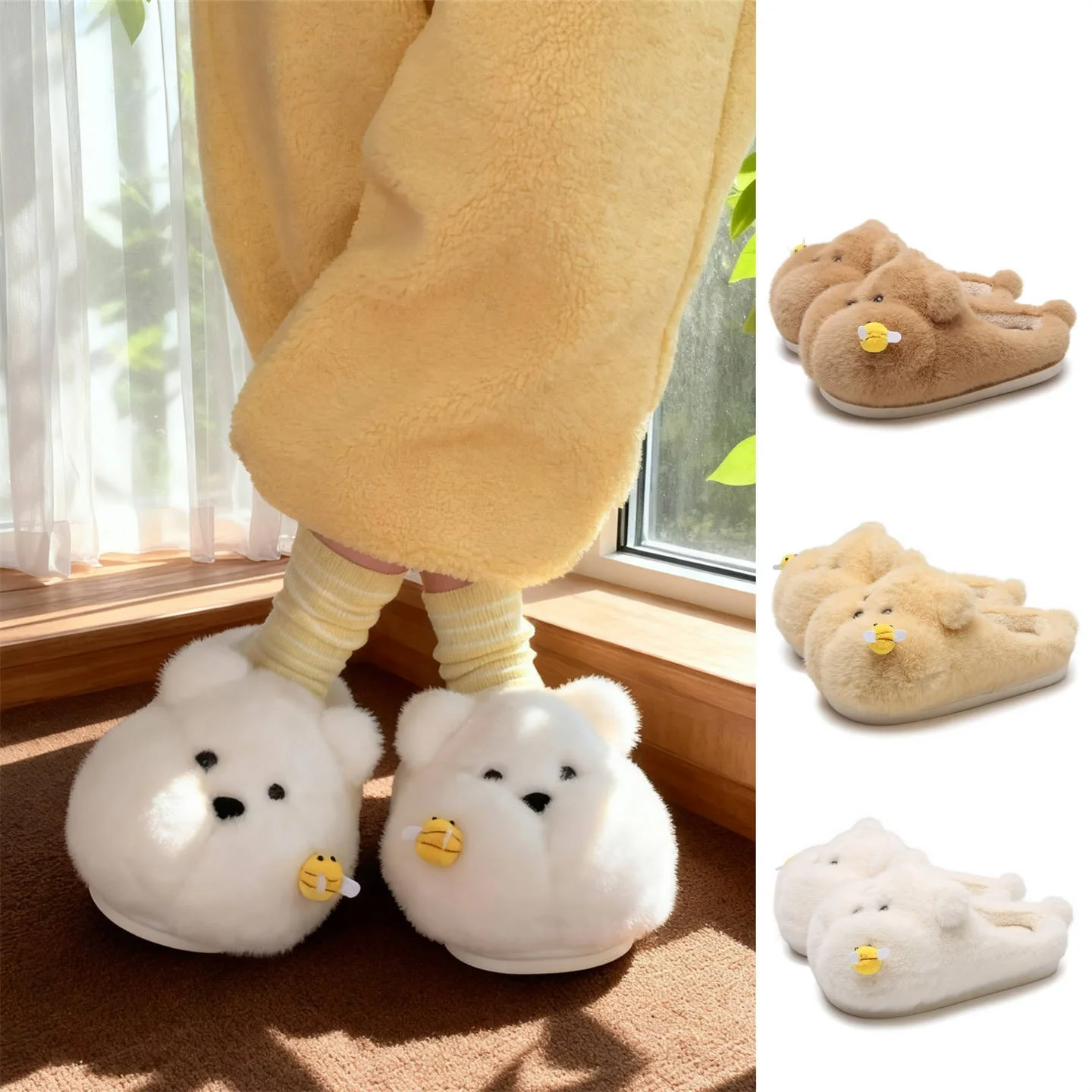 

New chubby bear slippers with bees women's cute lovely home shoes puffy shaggy indoor slipper woman kawaii fluffy cloud slippers