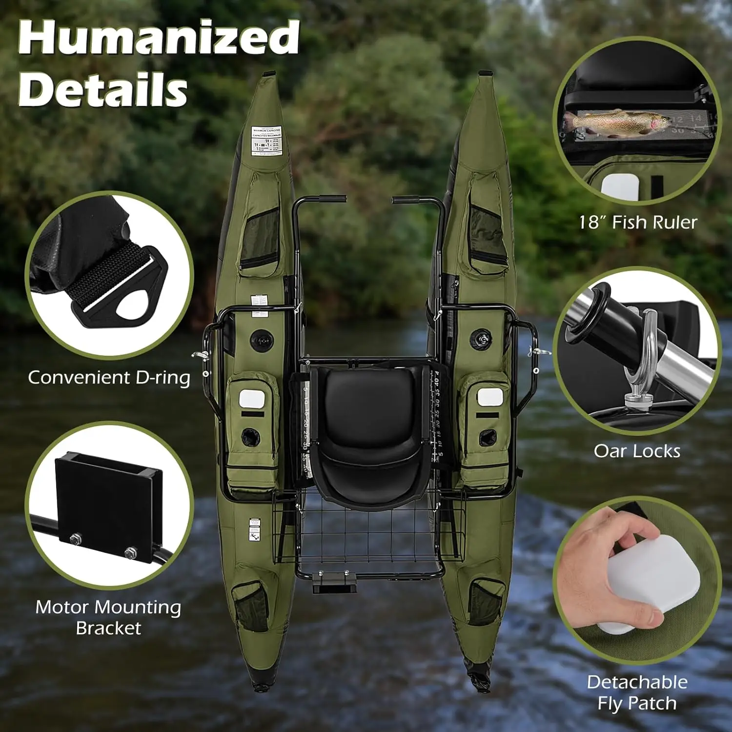 Adult Inflatable Belly Boat with Foldable Padded Seat, Adjustable Footrest, Pump, Paddles, Fish Ruler, Storage Basket, and Pockets – 400 lbs Load Capacity for Fishing and Angling view 4