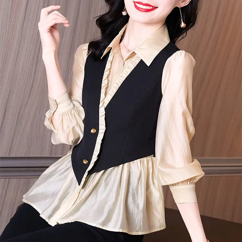 Elegant Fashion Ruffles Lantern Sleeve Fake Two Pieces Blouse 2022 Spring Autumn Korean Office Lady Turn-down Collar Slim Shirt