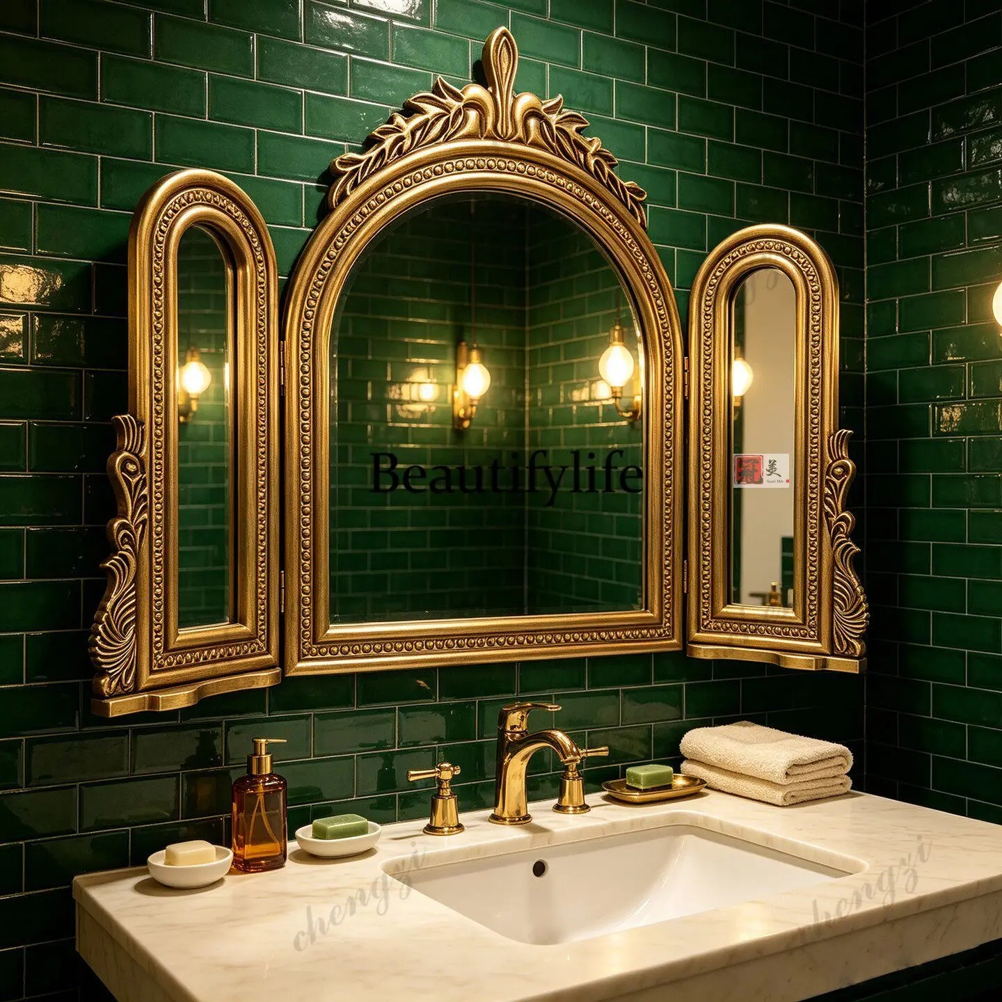 French three-sided vanity mirror wall hanging American retro bathroom bathroom mirror European engraving