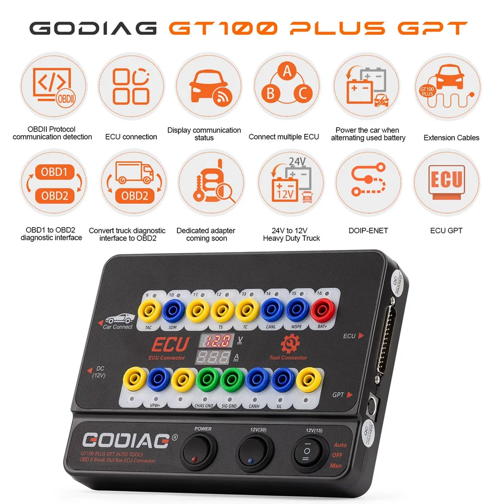 GODIAG GT100 PLUS GPT ENET DOIP 24V-12V AUTO TOOLS OBD II Break Out Box ECU Connector