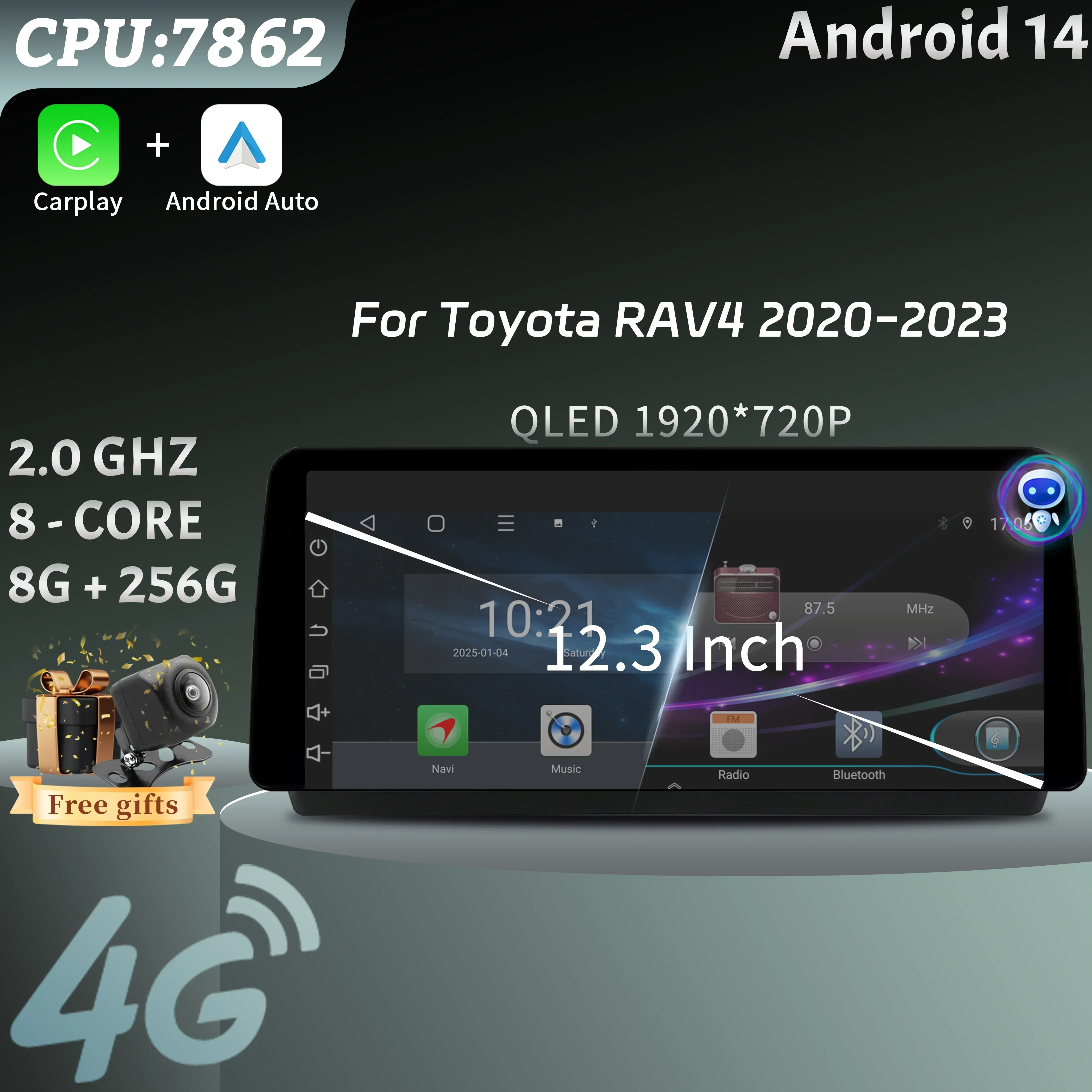 12.3inch Car Radio For Toyota RAV4 2020-2022 Multimedia Navigation Stereo 4G Wireless Bluetooth Carplay Touch Head Unit Screen