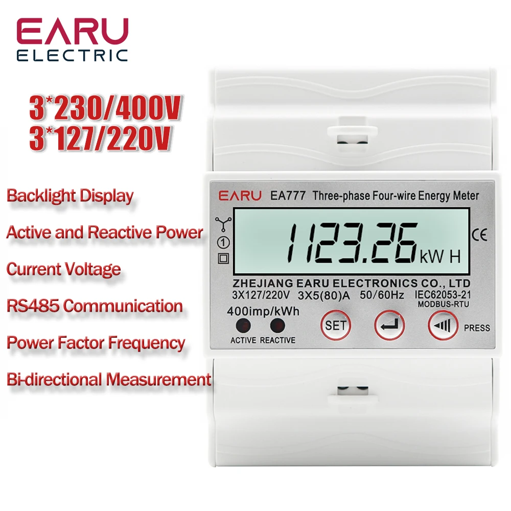 4P 3 Phase 4 Wires Two-way Bilateral Energy Meter  Electricity Usage Meter Din Rail AC 3*230/400V LCD Multifunction Display